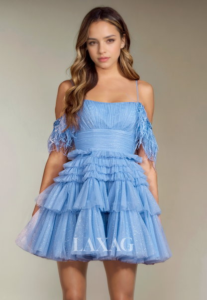 A-Line Off Shoulder Straps Feather Tiered Tulle Glitter Party Homecoming Dress