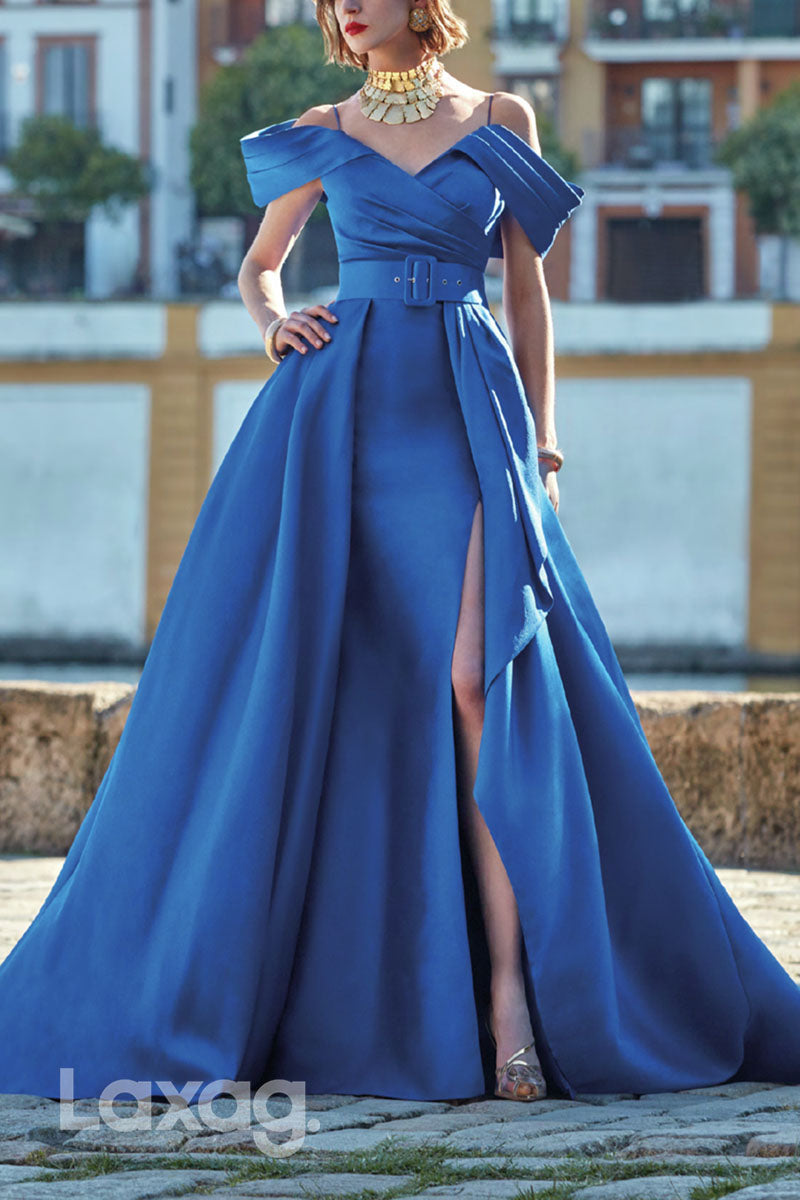 23099 - A-Line Off Shoulder Straps Sleek Satin Cocktail Party Formal Evening Dress with Slit