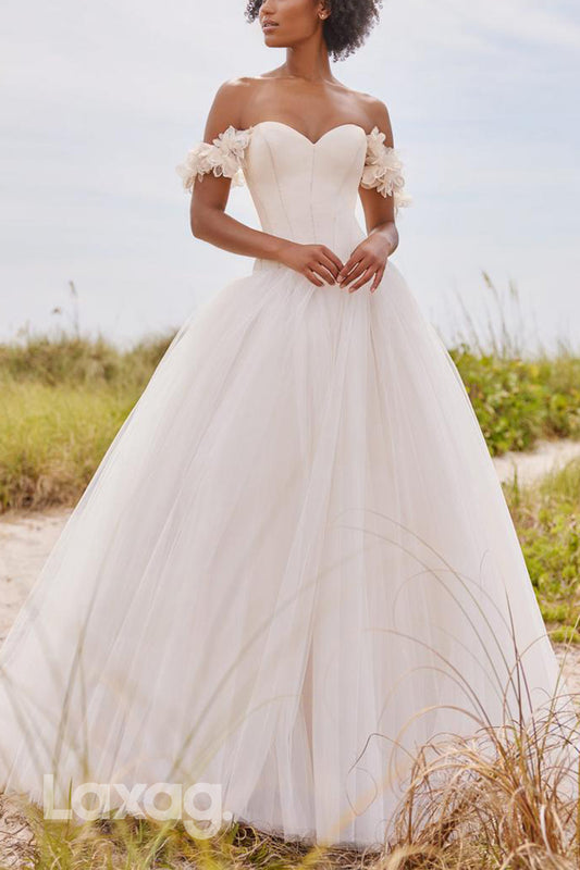 22602 - A-Line Off Shoulder Sweetheart Tulle Wedding Dress with Train