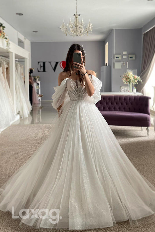 22387 - A-Line Off Shoulder Tulle Appliques Elegant Wedding Dress