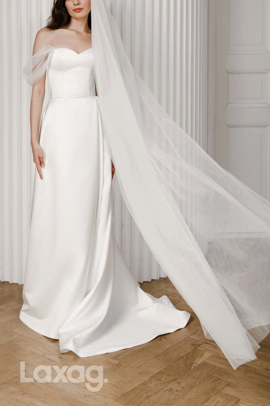 22614 - A-Line Off Shoulder Tulle High Slit Wedding Dress