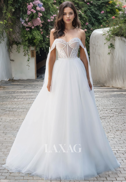 A-Line Off Shoulder Tulle Lace Appliques Elegant Wedding Dress with Train