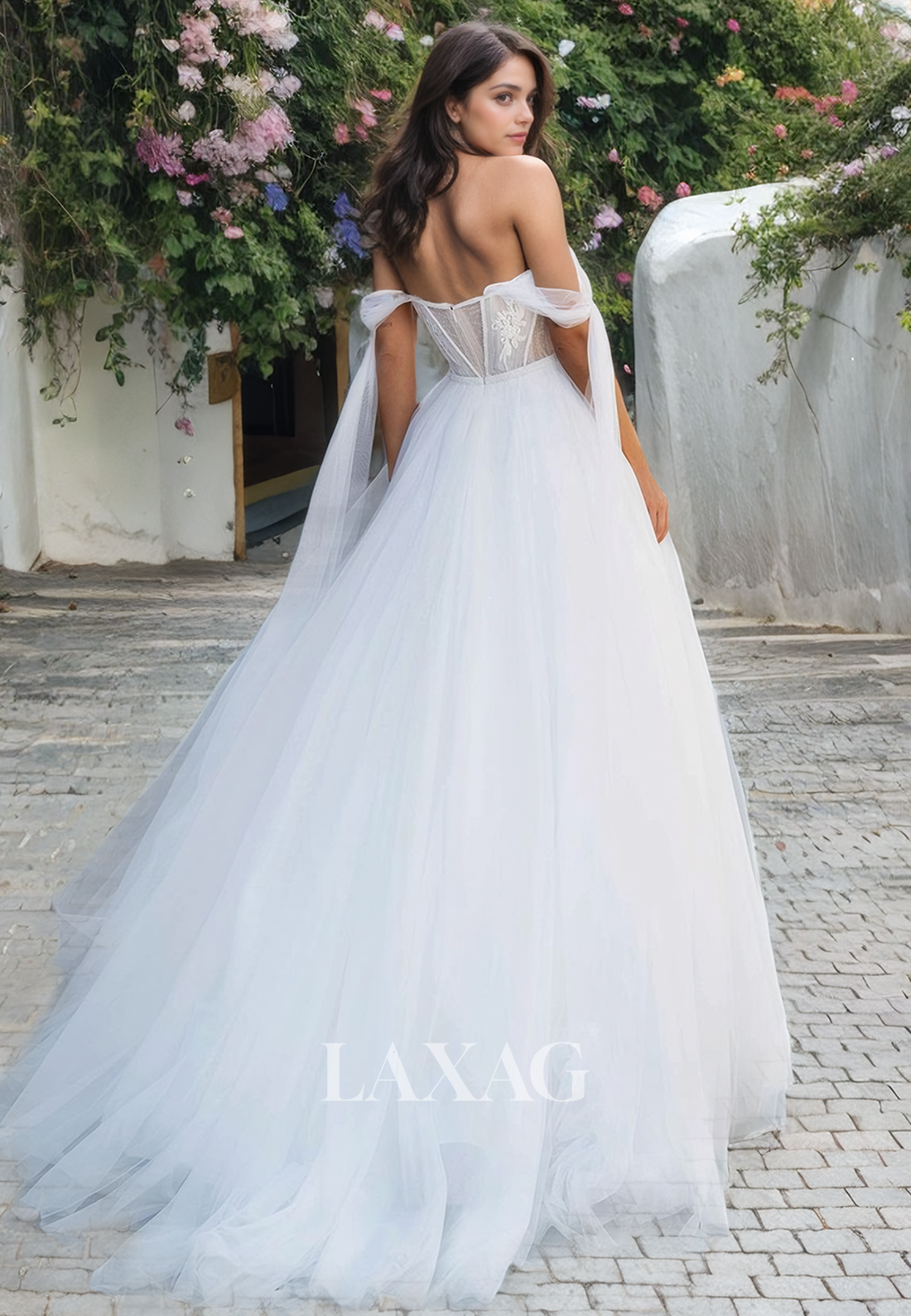 A-Line Off Shoulder Tulle Lace Appliques Elegant Wedding Dress with Train