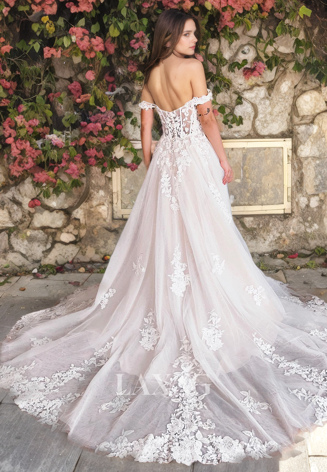 A-Line Off Shoulder Tulle Lace Appliques High Slit Wedding Dress with Train