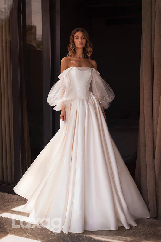22376 - A-Line Off Shoulder Tulle Sleek Satin Elegant Wedding Dress with Train