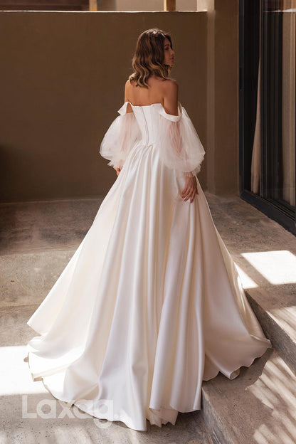 22376 - A-Line Off Shoulder Tulle Sleek Satin Elegant Wedding Dress with Train