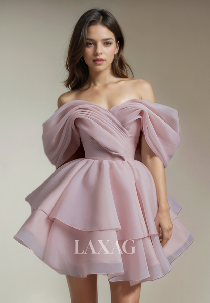 A-Line Off Shoulder Tulle Tiered Elegant Party Homecoming Dress