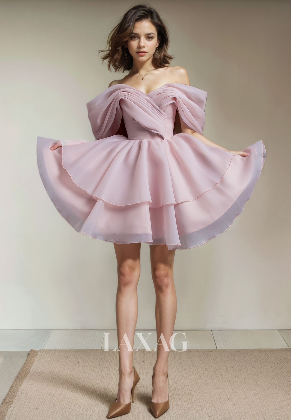 A-Line Off Shoulder Tulle Tiered Elegant Party Homecoming Dress