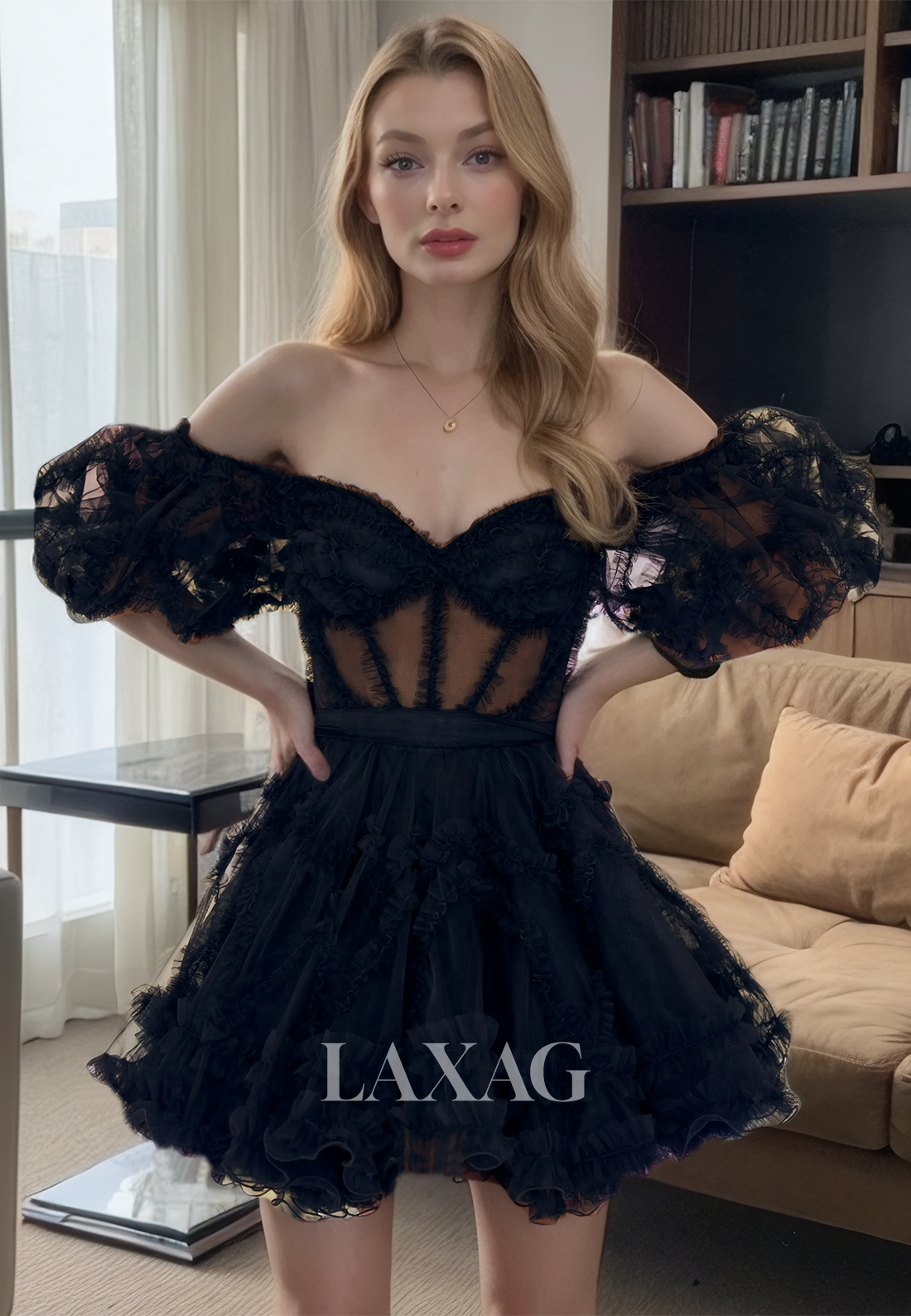 A-Line Off Shoulder Tulle illusion Elegant Party Homecoming Dress