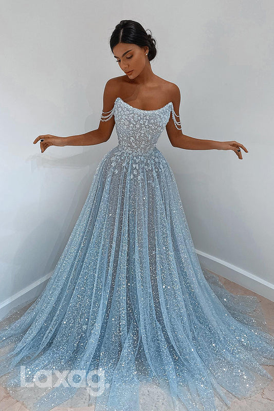 22199 - A-Line Off Shoulder illusion Beaded Fully Sequins Party Prom Formal Dress