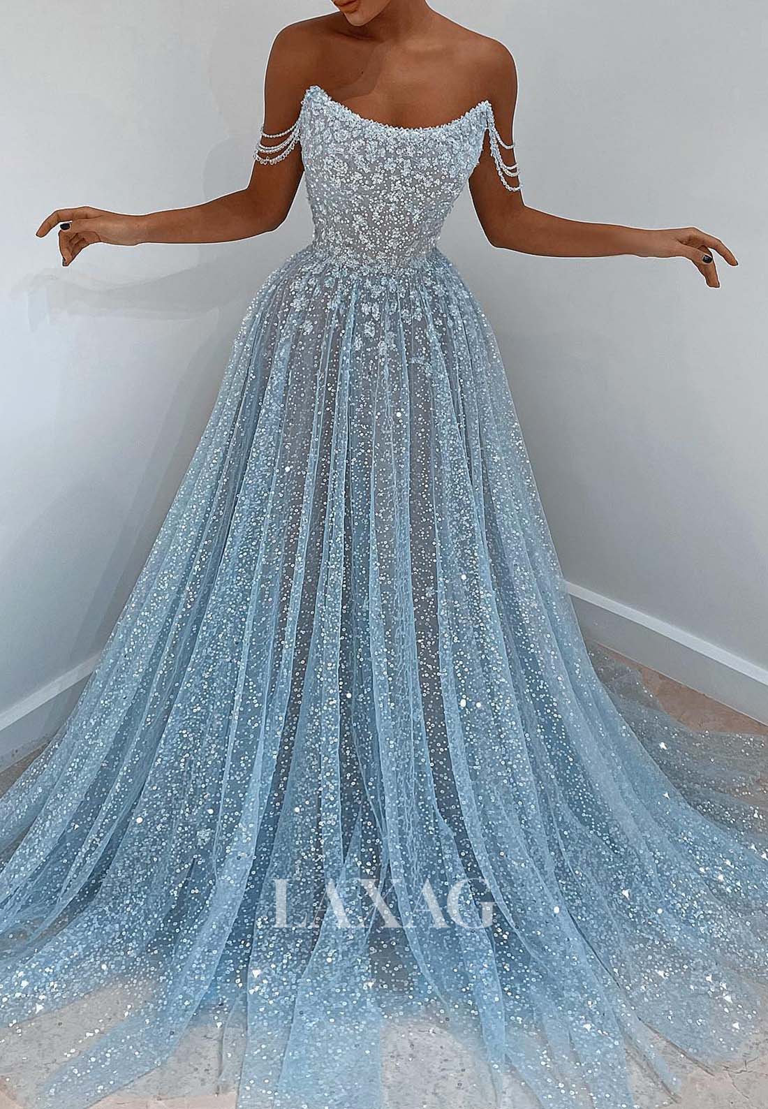 A-Line Off-Shoulder illusion-Beaded Sequins Prom Dress Scoop-Neck Sleeveless Pleated Formal Gowns
