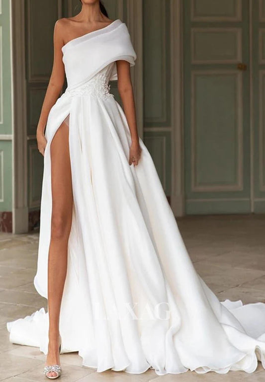 Asymmetrical-Neck Sleeveless Bride Gowns Applique Pleated High Slit Chiffon A-Line Wedding Dress