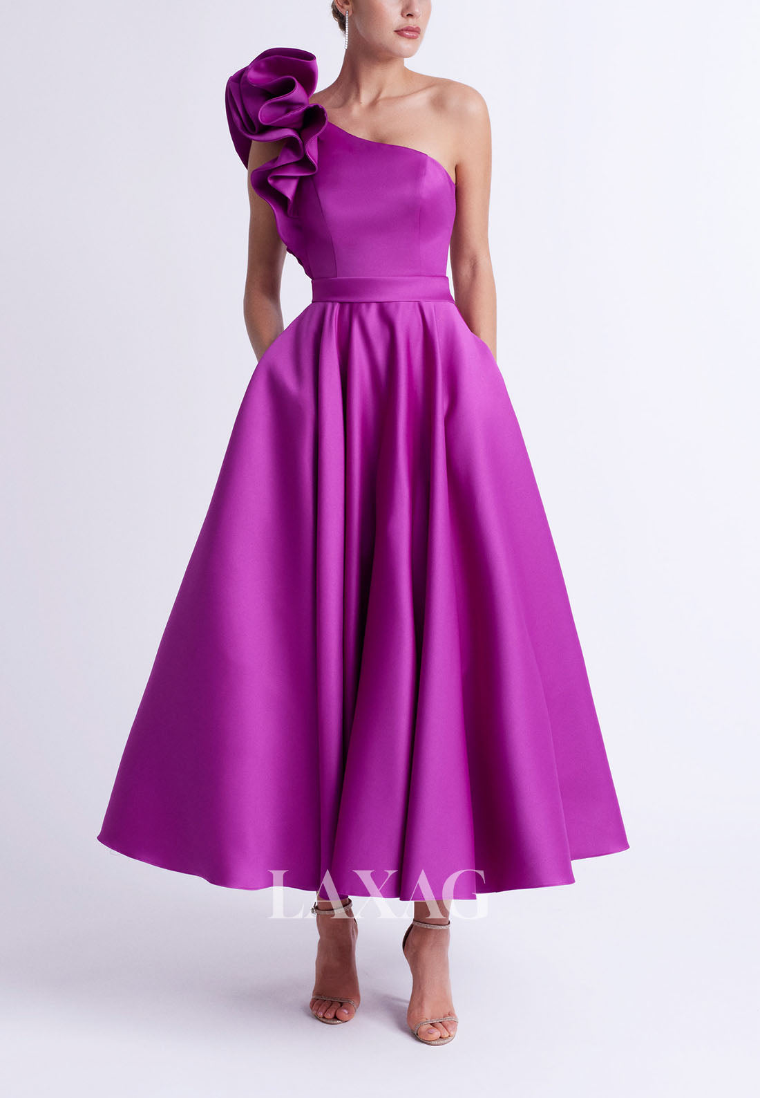 23110 - A-Line One Shoulder Ankle-Length Sleek Satin Cocktail Party Formal Evening Dress