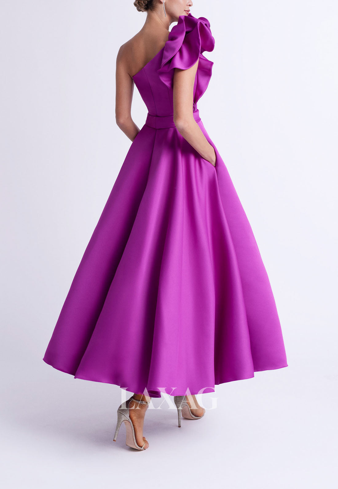 23110 - A-Line One Shoulder Ankle-Length Sleek Satin Cocktail Party Formal Evening Dress