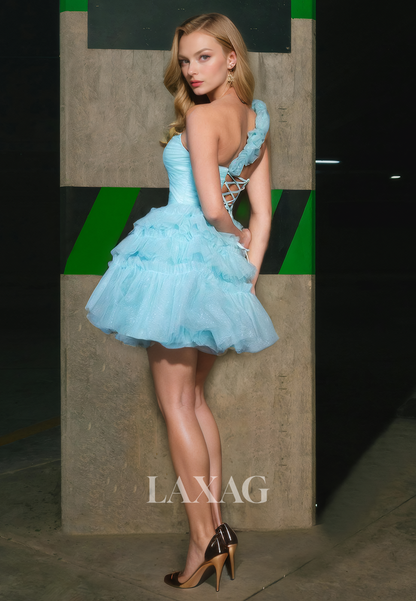 A-Line One Shoulder Cutout Tulle Glitter Elegant Party Homecoming Dress