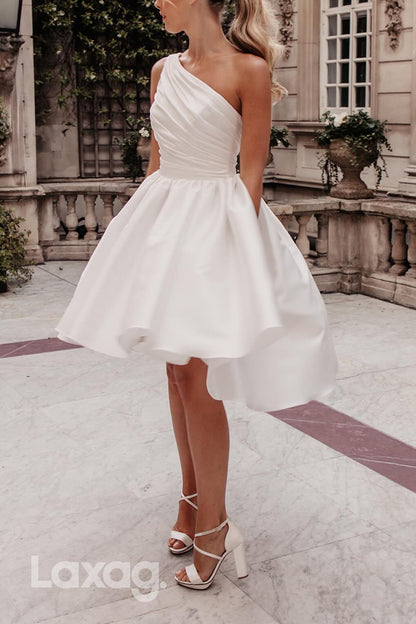 22775 - A-Line One Shoulder Draped Sleek Satin Elegant Wedding Dress