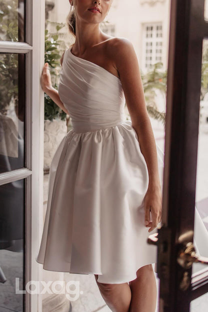 22775 - A-Line One Shoulder Draped Sleek Satin Elegant Wedding Dress