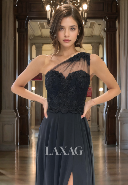 A-Line One Shoulder Lace Appliques Tulle Party Prom Formal Evening Dress with Train