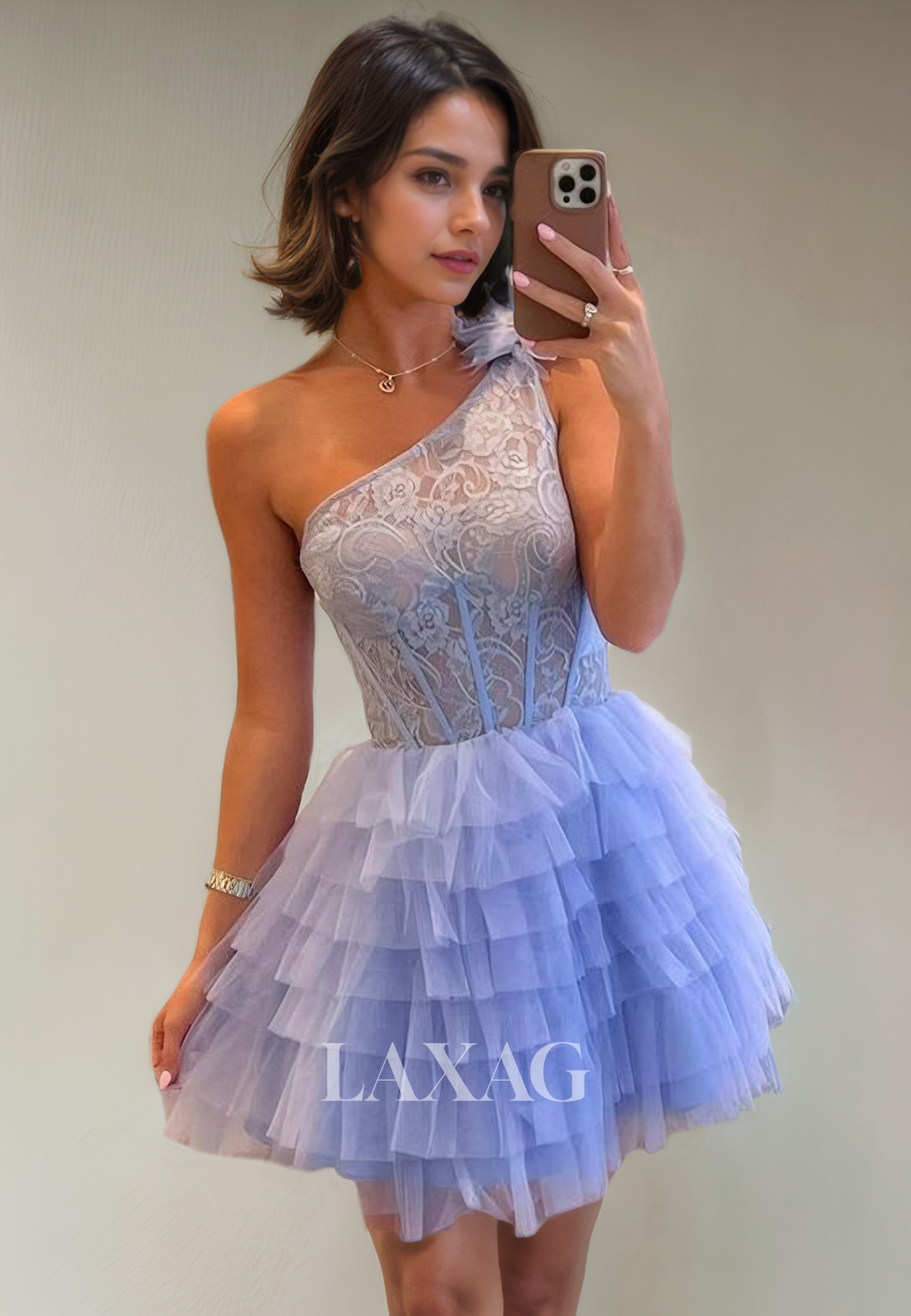 A-Line One Shoulder Lace Appliques Tulle Tiered Party Homecoming Dress