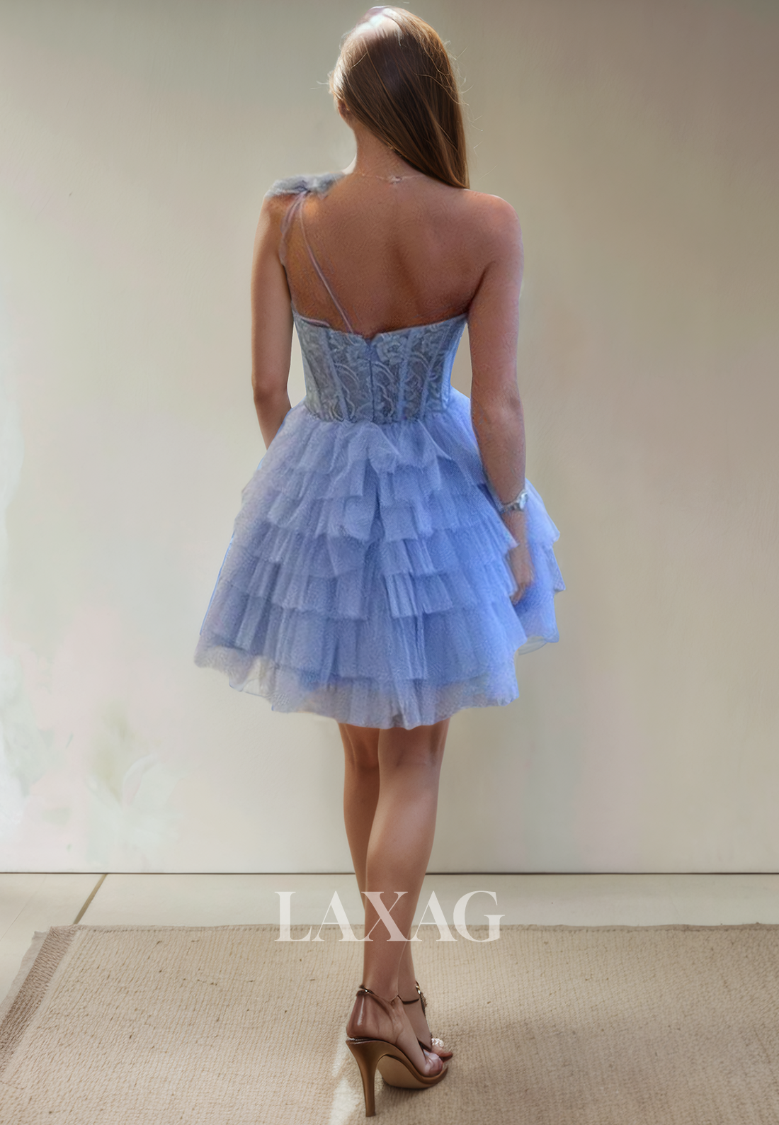 A-Line One Shoulder Lace Appliques Tulle Tiered Party Homecoming Dress