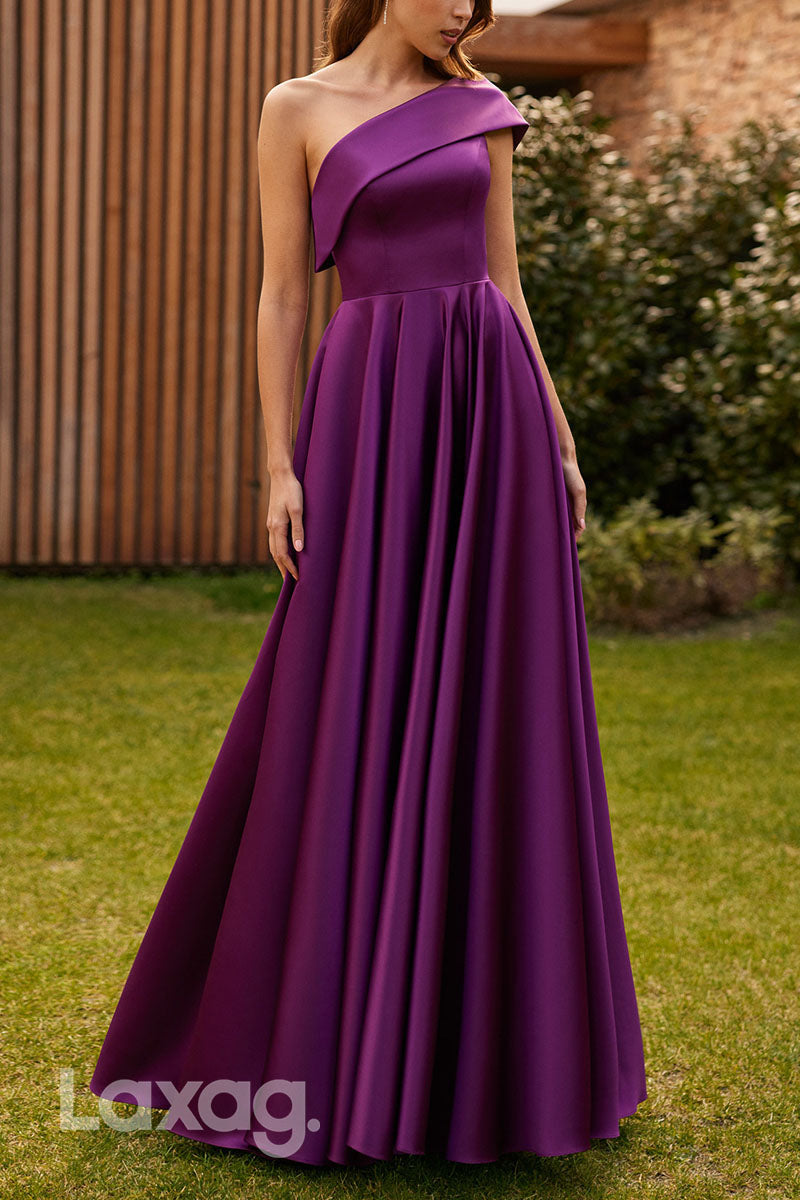 23053 - A-Line One Shoulder Pleated Sleek Satin Cocktail Party Formal Evening Dress