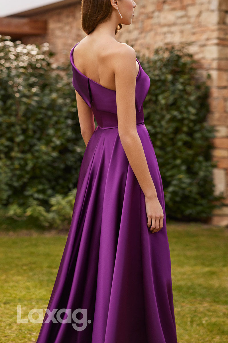 23053 - A-Line One Shoulder Pleated Sleek Satin Cocktail Party Formal Evening Dress