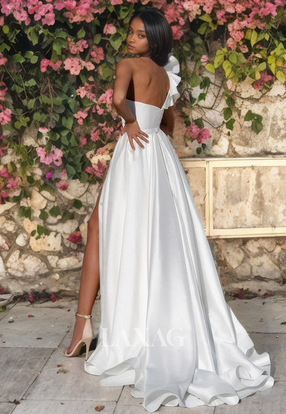 A-Line One Shoulder Pleated Sleek Satin High Slit Wedding Dress with Train