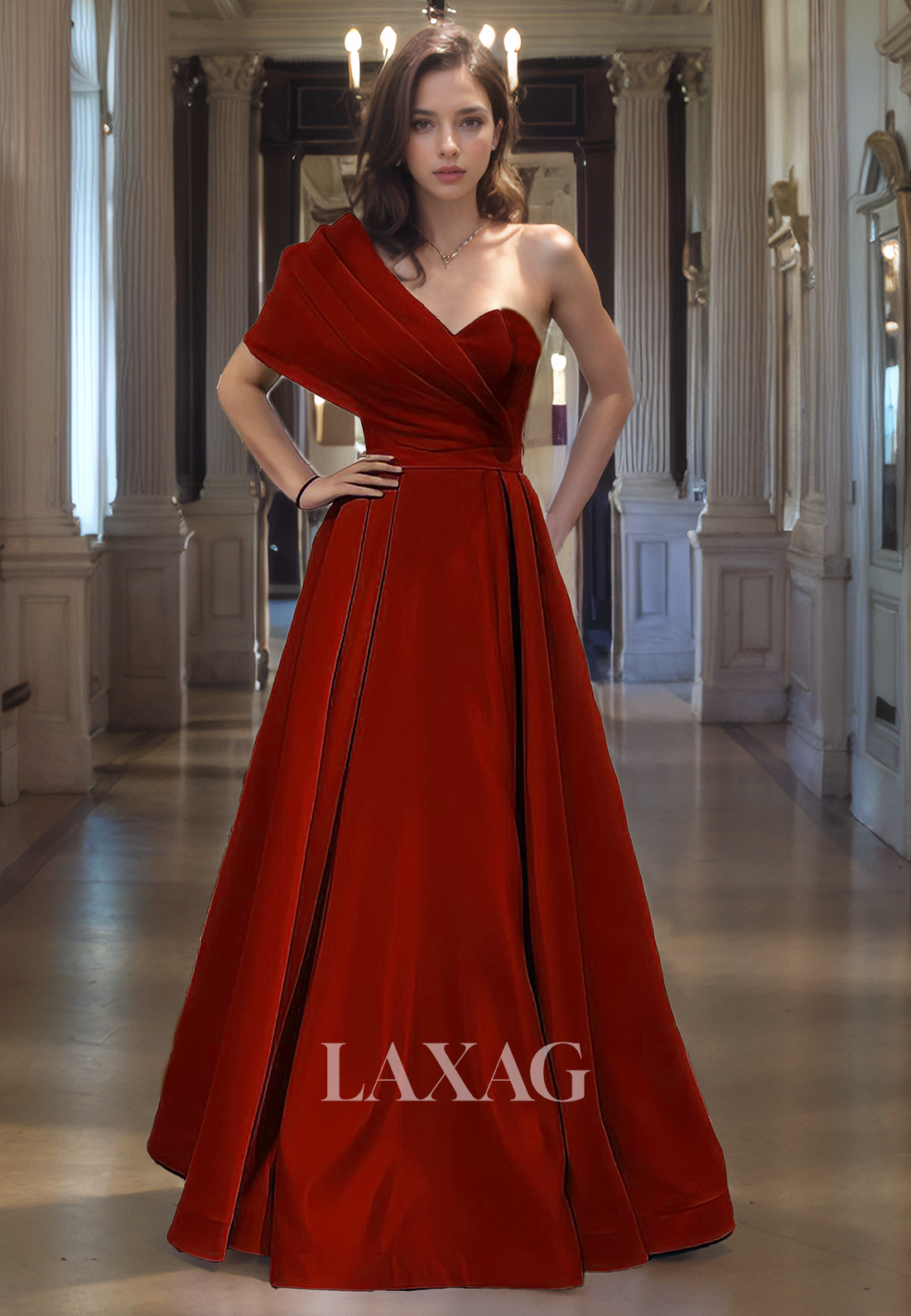 A-Line One Shoulder Pleated Sleek Satin Party Prom Formal Evening Dress