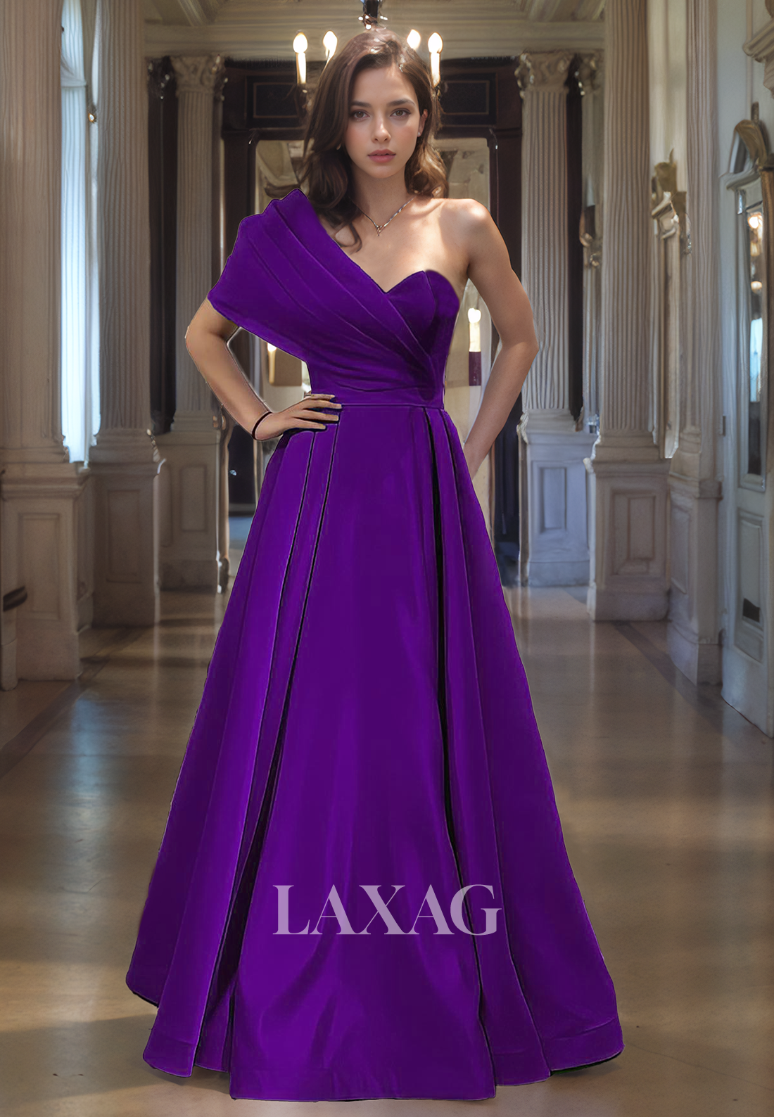 A-Line One Shoulder Pleated Sleek Satin Party Prom Formal Evening Dress