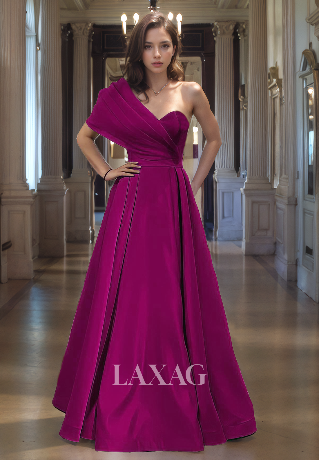 A-Line One Shoulder Pleated Sleek Satin Party Prom Formal Evening Dress