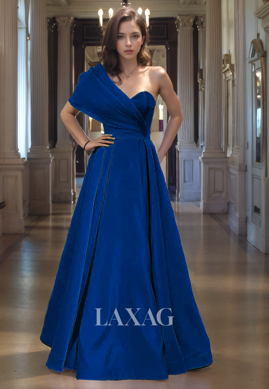 A-Line One Shoulder Pleated Sleek Satin Party Prom Formal Evening Dress