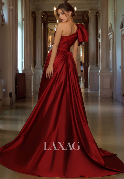 12711 -  Red One Shoulder Empire pleats Split Formal Evening Dresses