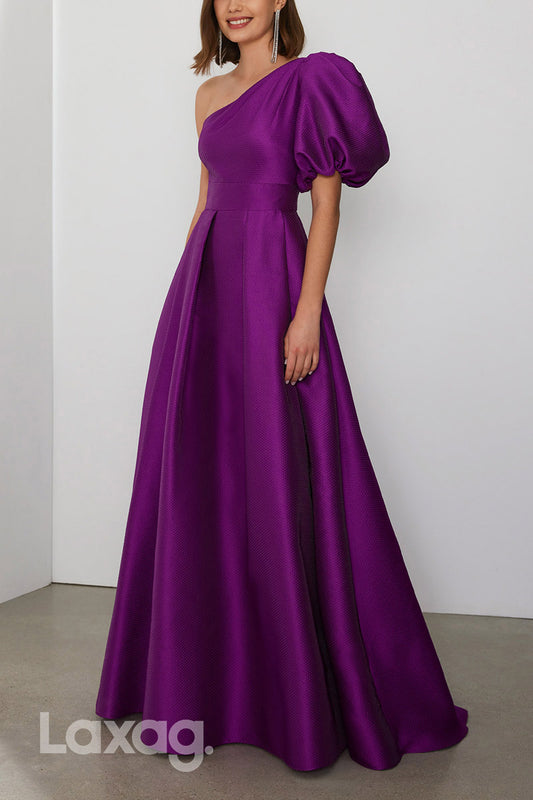 22875 - A-Line One Shoulder Puff Sleeves Sleek Satin Cocktail Party Formal Evening Dress