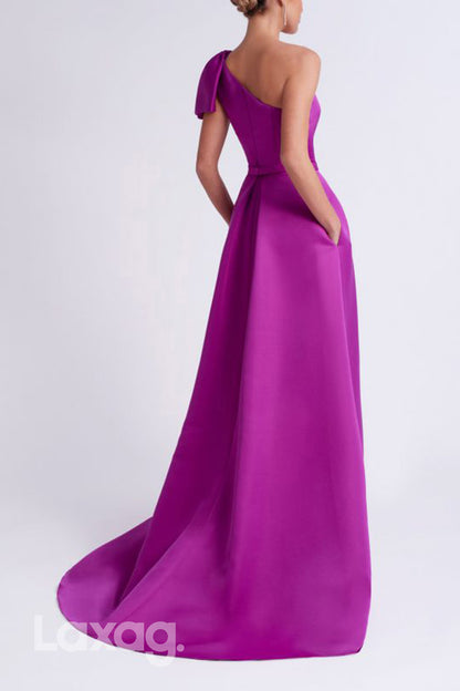 22877 - A-Line One Shoulder Sleek Satin Cocktail Party Formal Evening Dress with Train