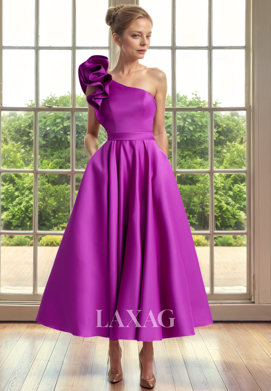 A-Line One Shoulder Sleek Satin Elegant Ankle-Length Mother of the Bride Dress