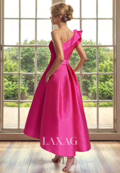 A-Line One Shoulder Sleek Satin Elegant Ankle-Length Mother of the Bride Dress