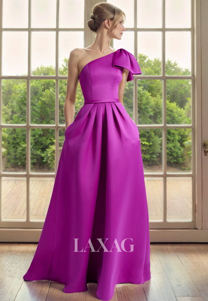 A-Line One Shoulder Sleek Satin Mother of the Bride Dress with Bow Detail