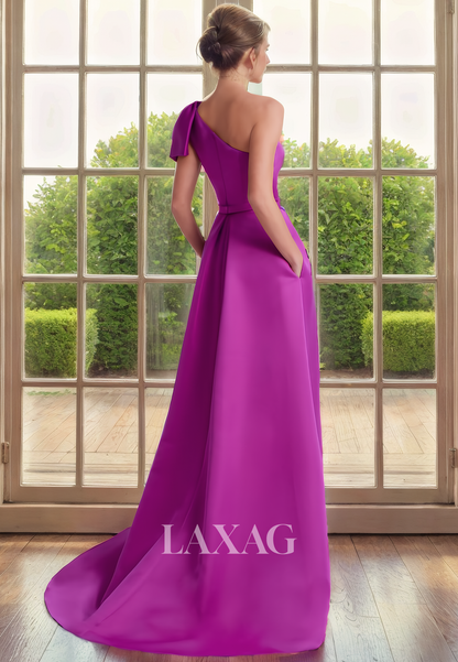 A-Line One Shoulder Sleek Satin Mother of the Bride Dress with Bow Detail