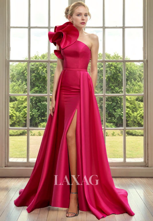 A-Line One Shoulder Sleek Satin Mother of the Bride Dress with Slit