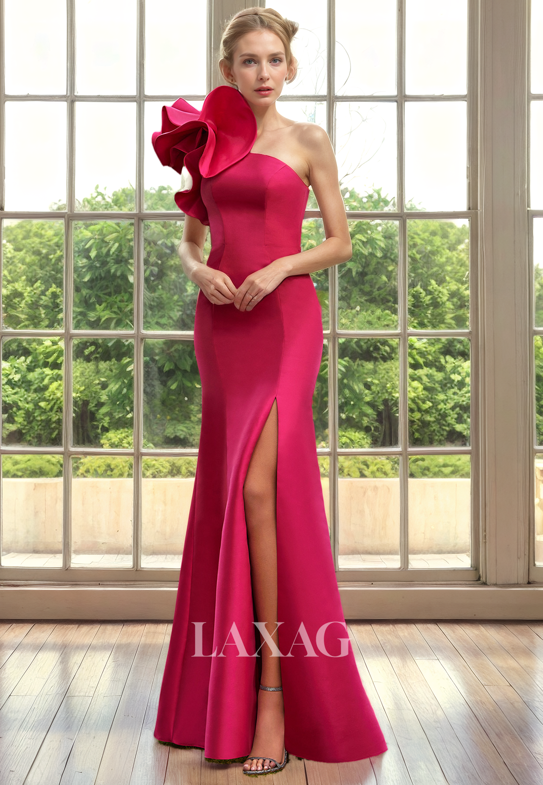 A-Line One Shoulder Sleek Satin Mother of the Bride Dress with Slit