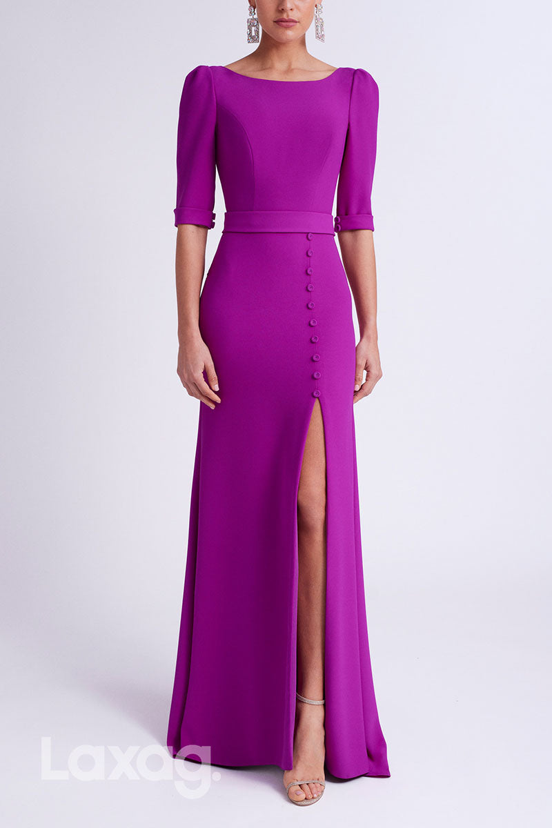 23044 - A-Line Open Back Half Sleeves High Slit Cocktail Party Formal Evening Dress with Train