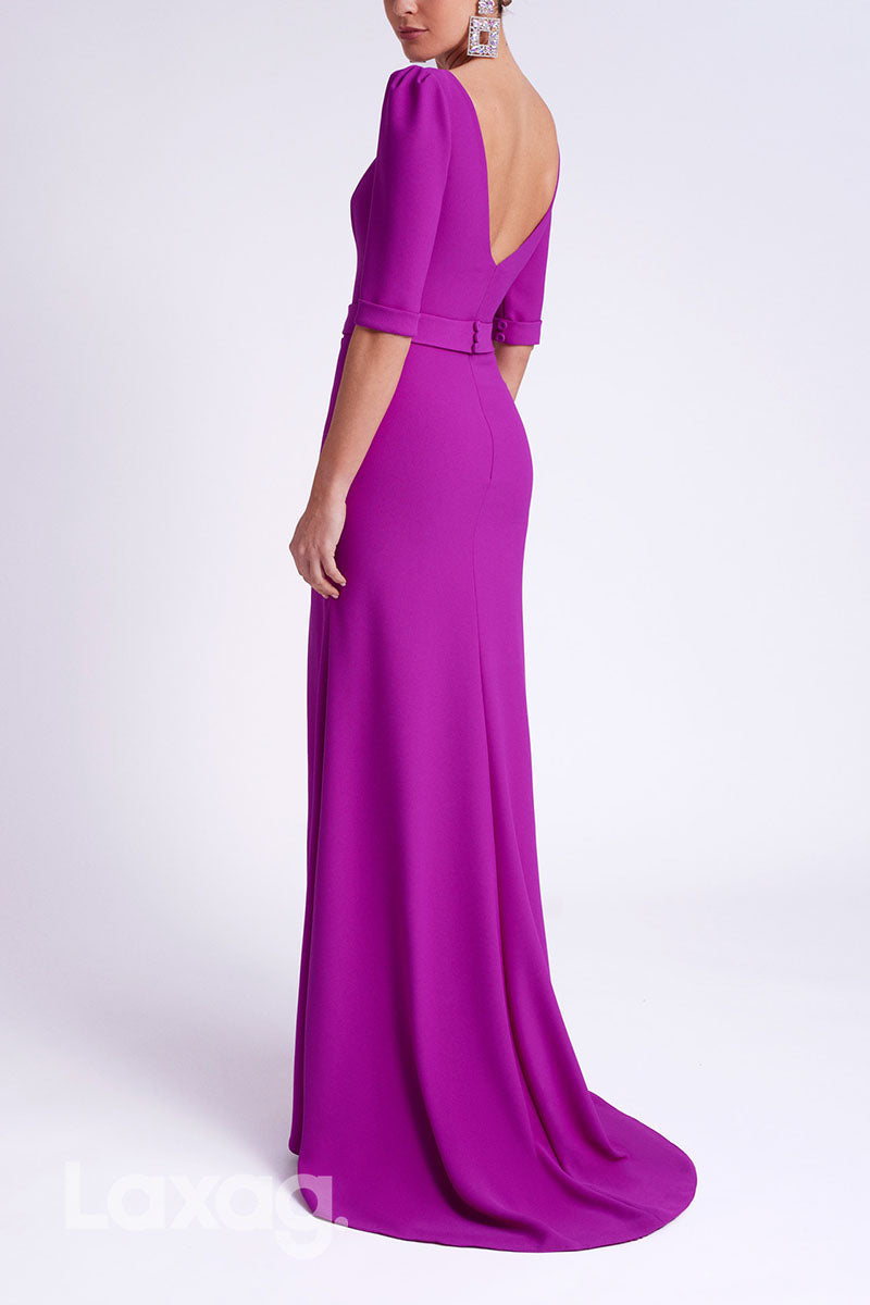 23044 - A-Line Open Back Half Sleeves High Slit Cocktail Party Formal Evening Dress with Train