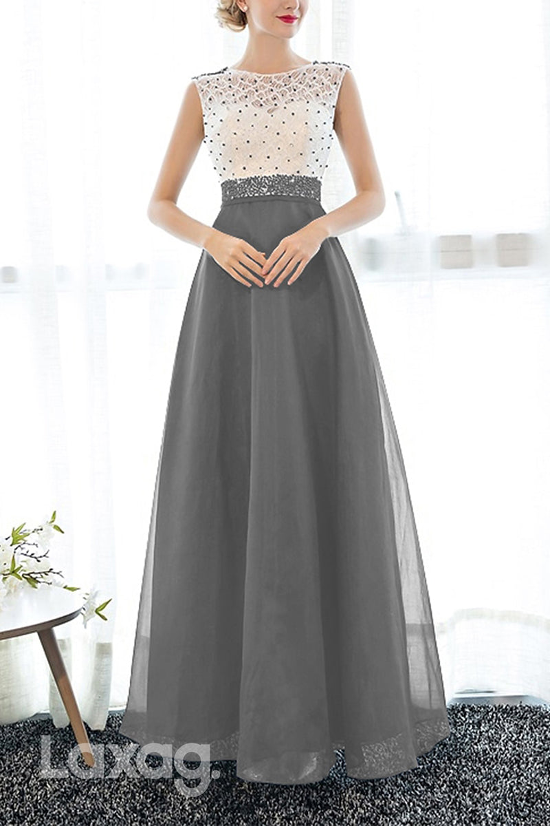 22515 - A-Line Round Beaded Appliques Tulle Mother of the Bride Dress