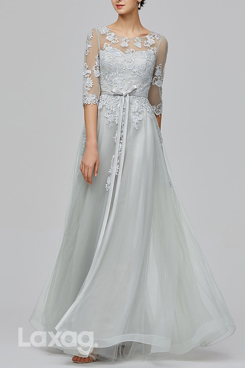 22516 - A-Line Round Half Sleeves Appliques Tulle Mother of the Bride Dress