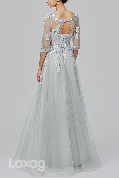 22516 - A-Line Round Half Sleeves Appliques Tulle Mother of the Bride Dress