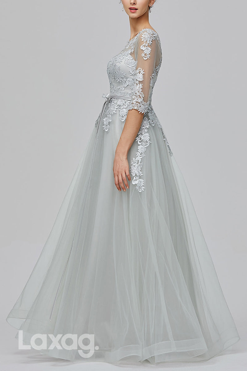 22516 - A-Line Round Half Sleeves Appliques Tulle Mother of the Bride Dress