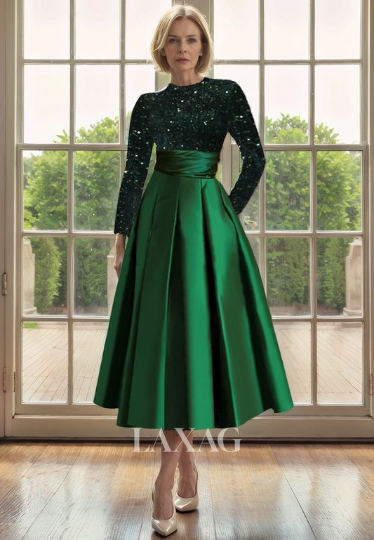 A-Line Round Long Sleeves Sequins Eleagnt Mother of the Bride Dress