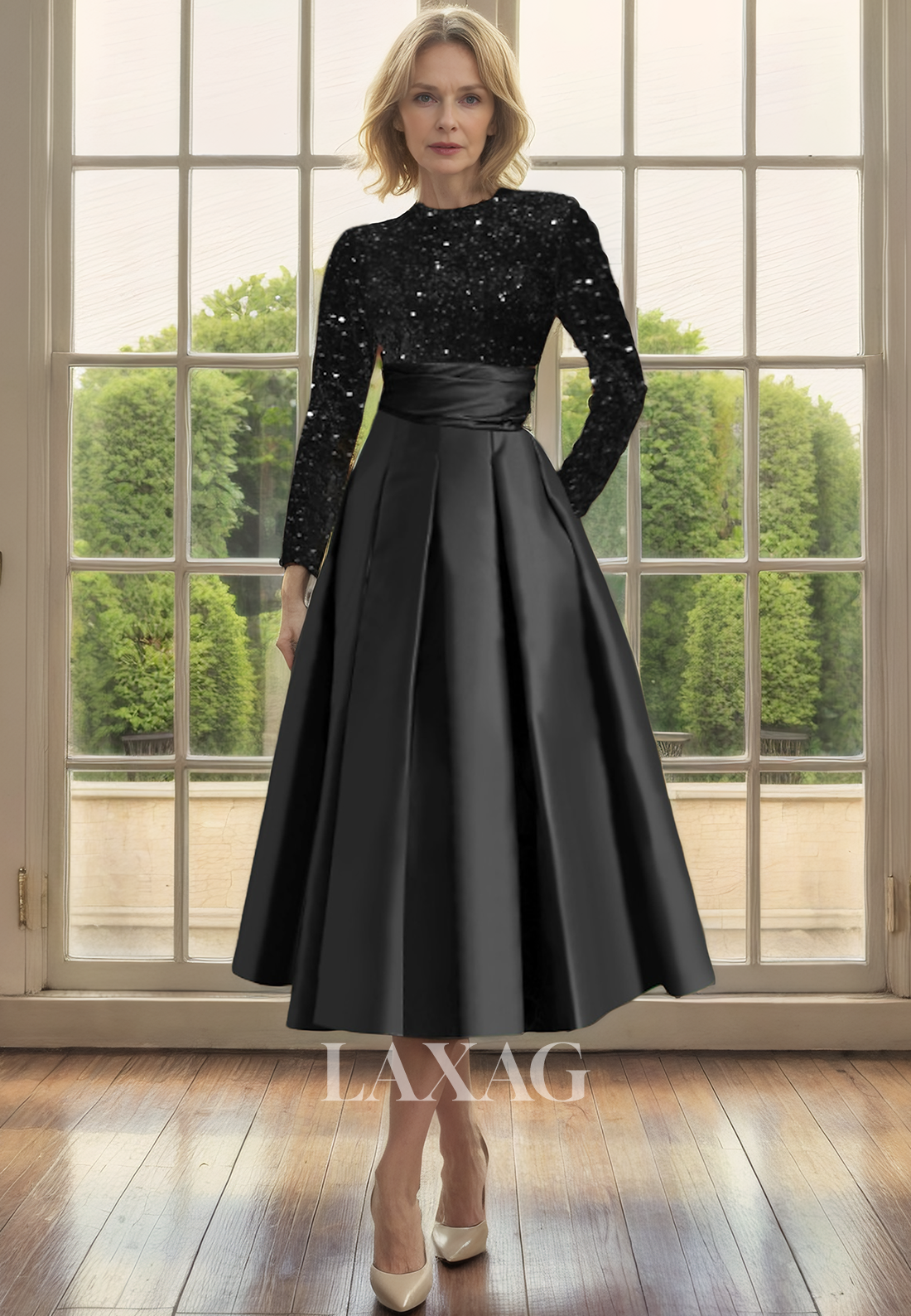 A-Line Round Long Sleeves Sequins Eleagnt Mother of the Bride Dress