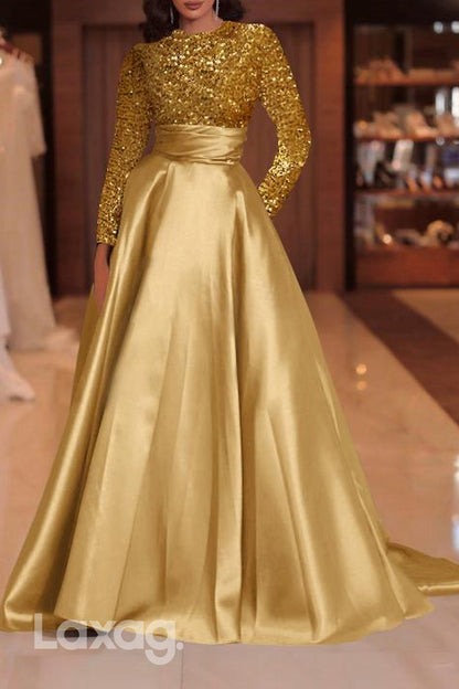 22490 - A-Line Round Long Sleeves Sequins Sleek Satin Mother of the Bride Dress