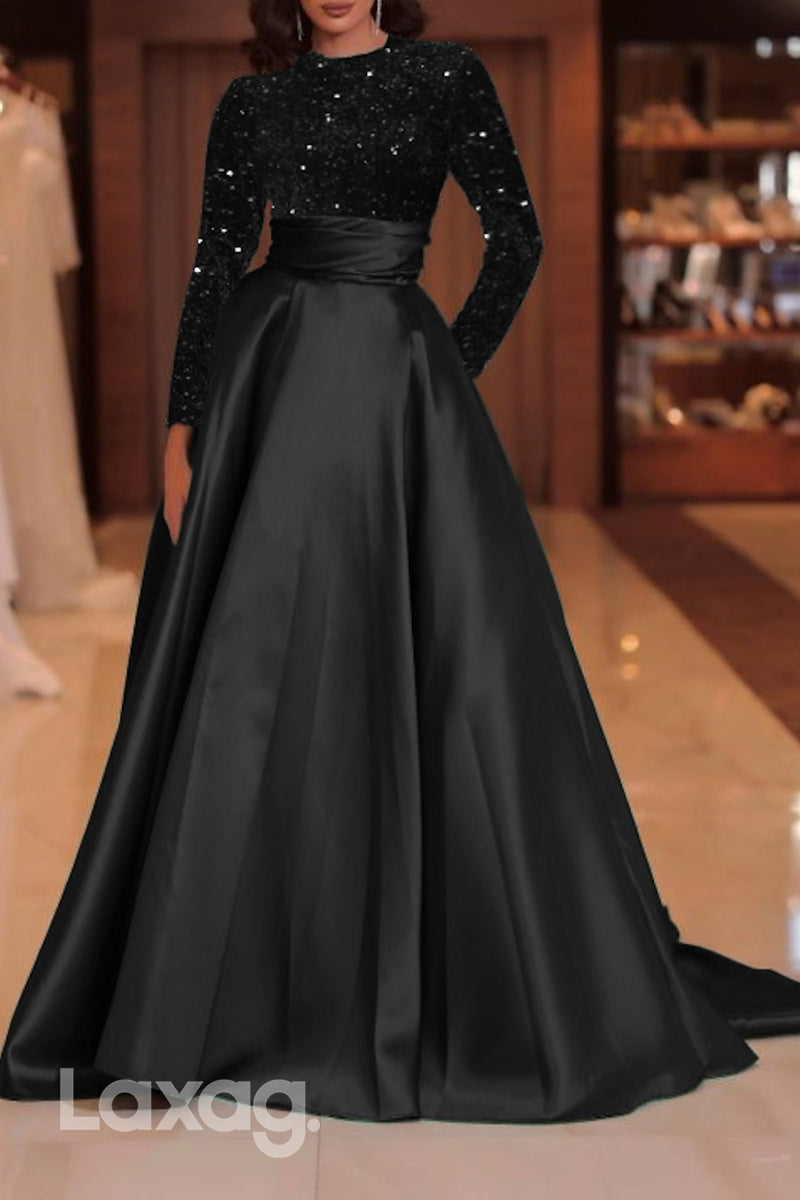 22490 - A-Line Round Long Sleeves Sequins Sleek Satin Mother of the Bride Dress